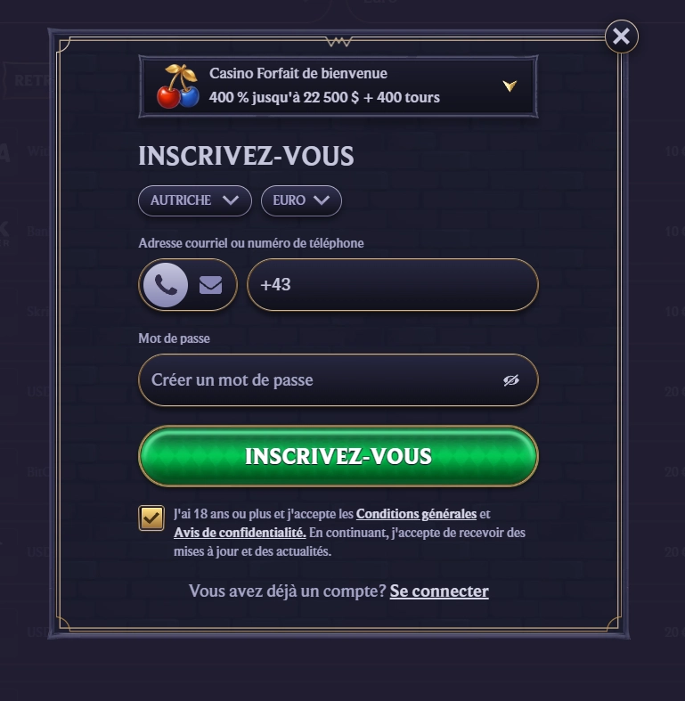 LolaJack Casino formulaire d’inscription avec création de compte joueur