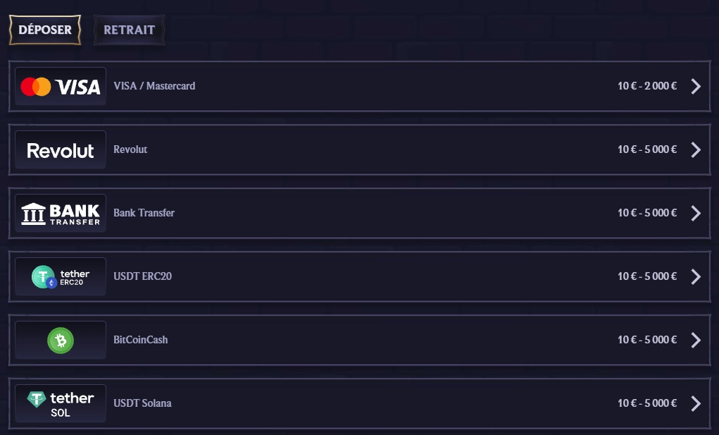 LolaJack Casino options de dépôt avec Visa, Revolut, virement et cryptomonnaies