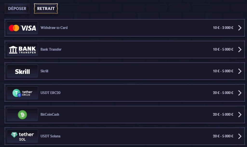 LolaJack Casino options de retrait avec cartes, virement bancaire et cryptomonnaies