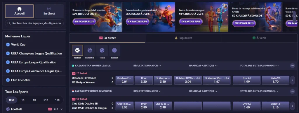 LolaJack Casino interface de paris sportifs en direct avec matchs de football et cotes